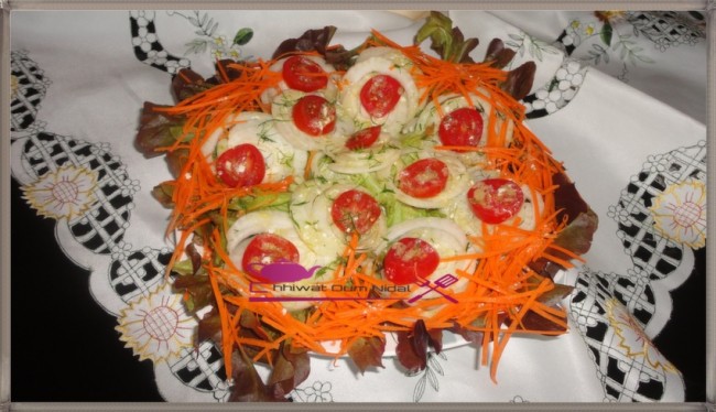 salade fenouil, tomate cerise, salade, sauce salade, cuisine marocaine, cuisine oum nidal, recette, سلطة البسباس, طماطم صغيرة, خس, شهيوات مغربية, ام نضال, وصفة