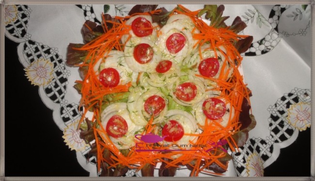 salade fenouil, tomate cerise, salade, sauce salade, cuisine marocaine, cuisine oum nidal, recette, سلطة البسباس, طماطم صغيرة, خس, شهيوات مغربية, ام نضال, وصفة