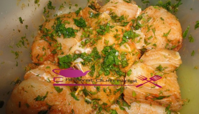 poisson au four, requin au pomme de terre, poisson mariné, chhiwate, plats poisson, recette, cuisine oum nidal, cuisine marocaine, recette facile, شهيوات مغربية, أم نضال, وصفة, السمك في الفرن, الفرخ بالبطاطس, الفرخ مشرمل, أطباق السمك