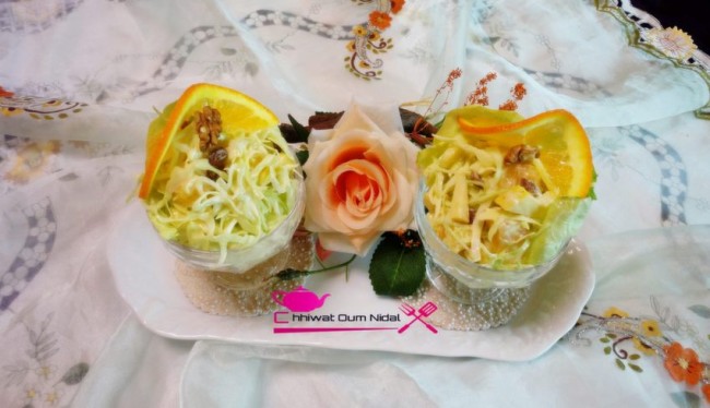 salade choux fruits, yaourt, orange, pomme, salade, entree, dessert, cuisine marocaine, chhiwate, cuisine oum nidal, raisin, شهيوات مغربية, سلطة, سلطة الملفوف و الفواكه, مقبل, ياغورت