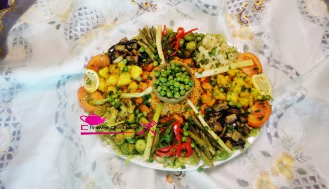 légumes mchermla, legumes, artichaut, choux, aubergine, poirreaux, courgette, petit pois, recette, salade chaude, riz, thon, cuisine marocaine, cuisine oum nidal, chhiwate, وصفة, شهيوات مغربية, أم نضال, جلبانة, قوق, ملفوف, باذنجان, سلطة ساخنة, سلطة خضر, مشكلة, خضروات