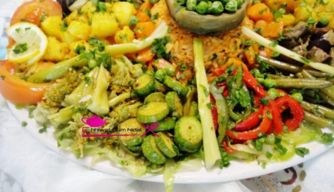 légumes mchermla, legumes, artichaut, choux, aubergine, poirreaux, courgette, petit pois, recette, salade chaude, riz, thon, cuisine marocaine, cuisine oum nidal, chhiwate, وصفة, شهيوات مغربية, أم نضال, جلبانة, قوق, ملفوف, باذنجان, سلطة ساخنة, سلطة خضر, مشكلة, خضروات