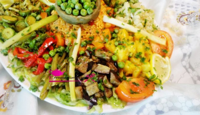 légumes mchermla, legumes, artichaut, choux, aubergine, poirreaux, courgette, petit pois, recette, salade chaude, riz, thon, cuisine marocaine, cuisine oum nidal, chhiwate, وصفة, شهيوات مغربية, أم نضال, جلبانة, قوق, ملفوف, باذنجان, سلطة ساخنة, سلطة خضر, مشكلة, خضروات