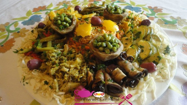 légumes mchermla, legumes, artichaut, choux, aubergine, poirreaux, courgette, petit pois, recette, salade chaude, riz, thon, cuisine marocaine, cuisine oum nidal, chhiwate, وصفة, شهيوات مغربية, أم نضال, جلبانة, قوق, ملفوف, باذنجان, سلطة ساخنة, سلطة خضر, مشكلة, خضروات