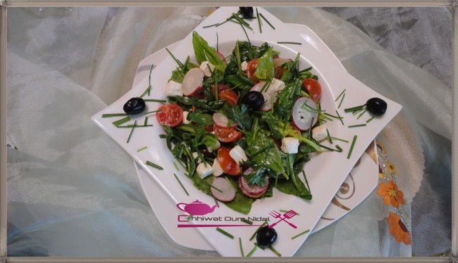 chhiwate, salade epinards roquet basilic, cuisine, cuisine marocaine, cuisine oum nidal, cuisineoumnidal, om nidal, oum nidal, recette, salade, salade variée, tomate cerise, أم نضال, ام نضال, خس, خيار, سلطات متنوعة, شهيوات مغربة, طماطم صغيرة, سلطة السبانخ الجرجير و الحبق, مطبخ أم نضال, وصفات, وصفات سهلة, وصفة